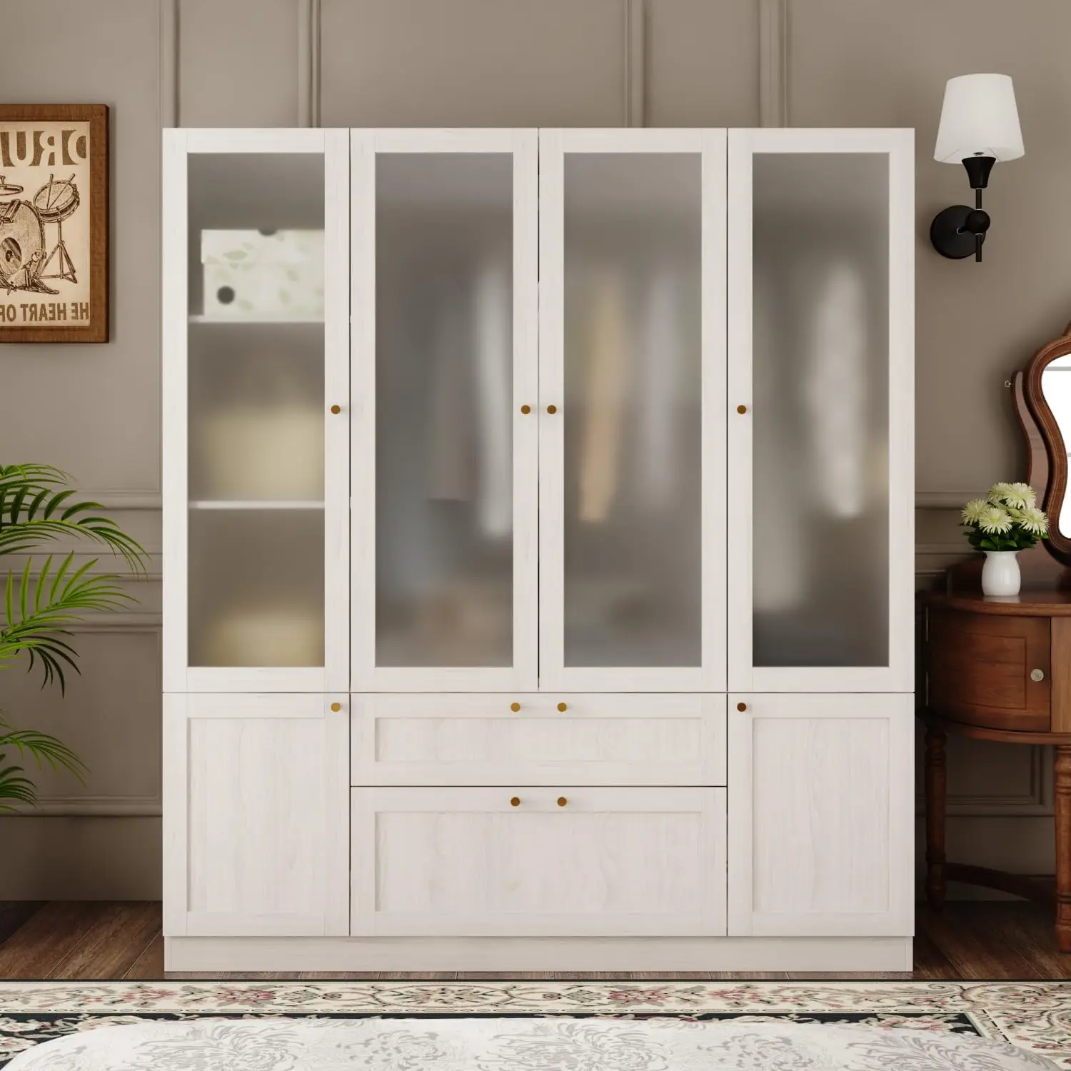 4 Door Wardrobe Armoire Closet , Bedroom Armoire with Frosted , Clothes Wardrobe with Gold Knobs, Wood Grain