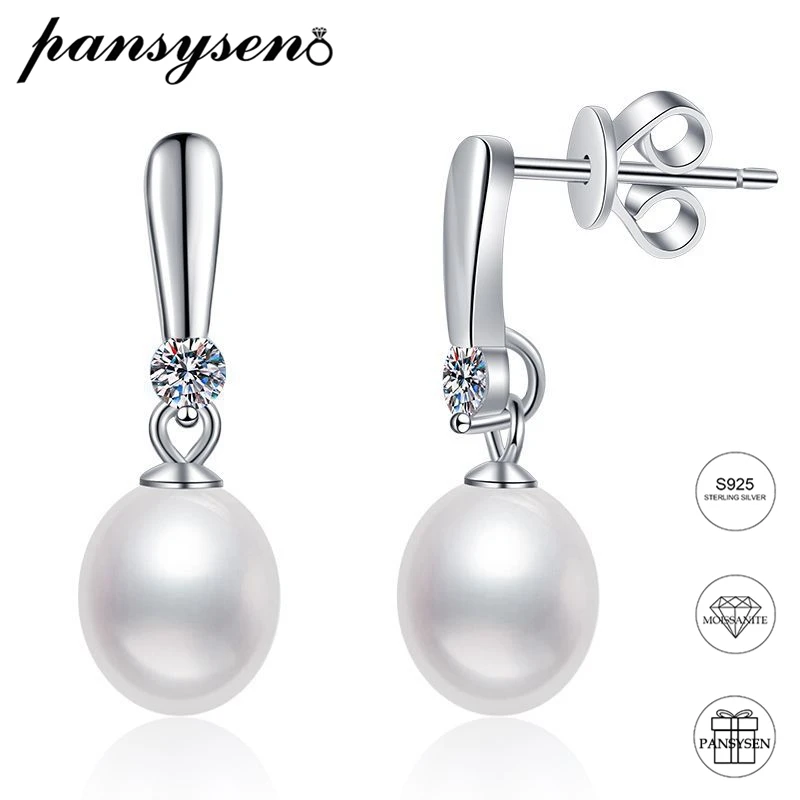 

S925 Sterling Silver Natural Freshwater Pearl 3mm Moissanite Drop Earrings for Women Wedding Engagement Fine Jewelry Wholesale