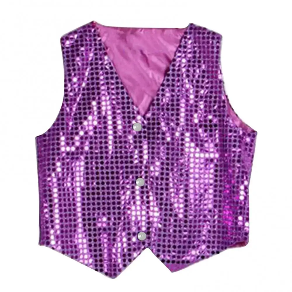 1Pc Formal Boys Girls Sequined Vest V-neck Soft Kids Waistcoat Fiber Fabric Hip-hop Dance Party Street Show Costume for Party