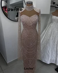 Aso Ebi Arabic Party Dress 2024 Customized Full Beading Pearls Cape Sleeves Prom Dresses Sequined Second Reception Evening Gowns