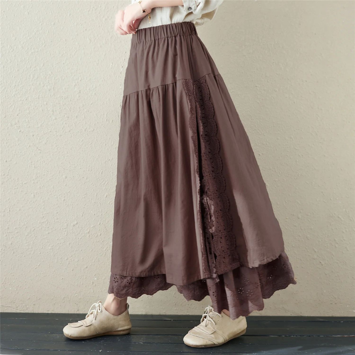 Elegant Double Layer Cotton Linen Long A-Line Skirt Women's Spring Summer Elastic Waist Slimming Half-length Skirt
