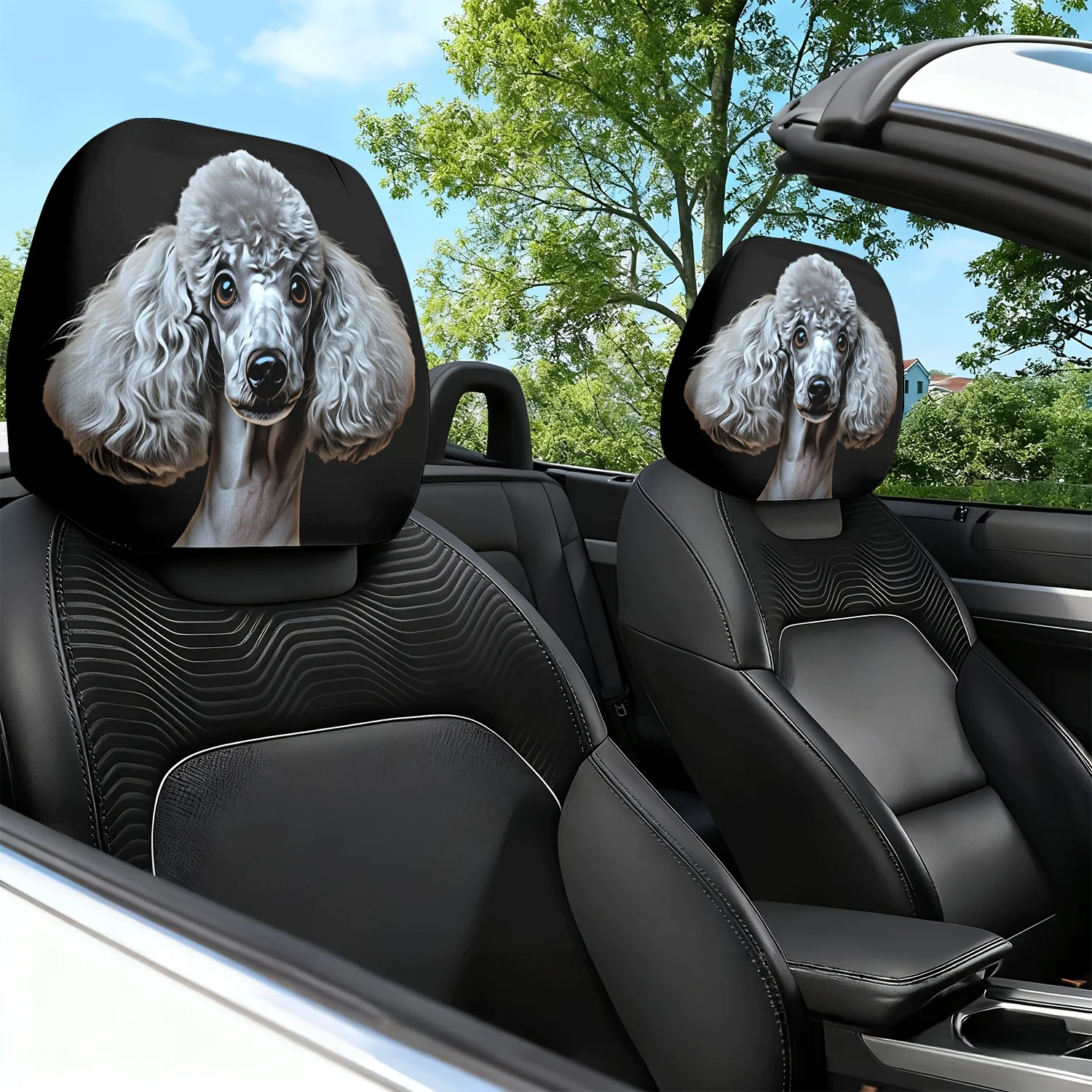2pcs Car Headrest Covers with Curly Puppy Head Cover Themed Print Pattern, Car Seat Cushion Headrest Neck Pillow Protector - F