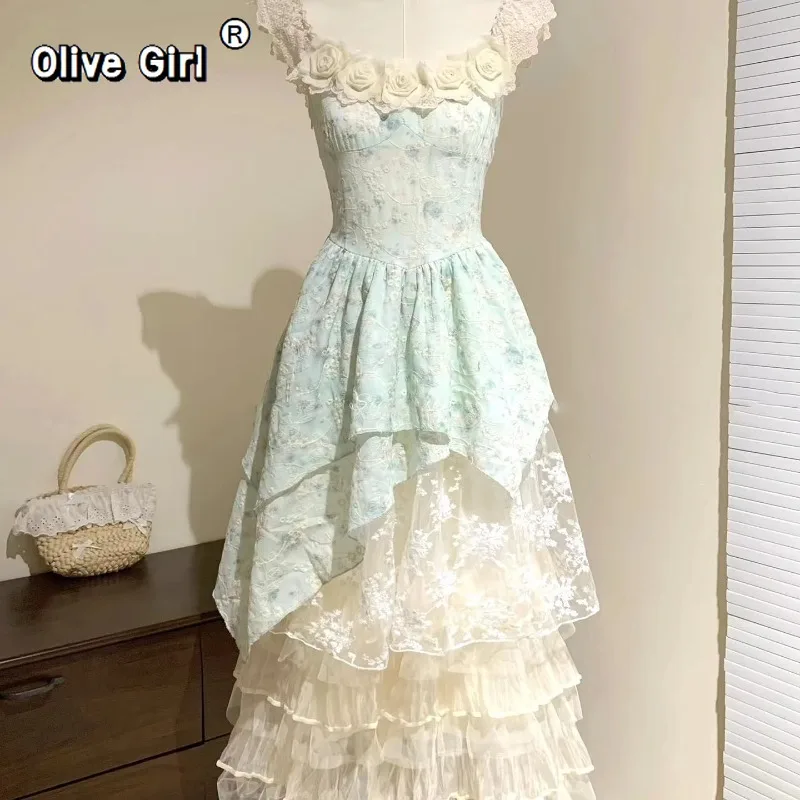 Olivegirl French Dress Floral Suspender Sexy Sweet Lolita Spring Summer 2026 Irregular Trailing Fairy Dresses Women's Clothing