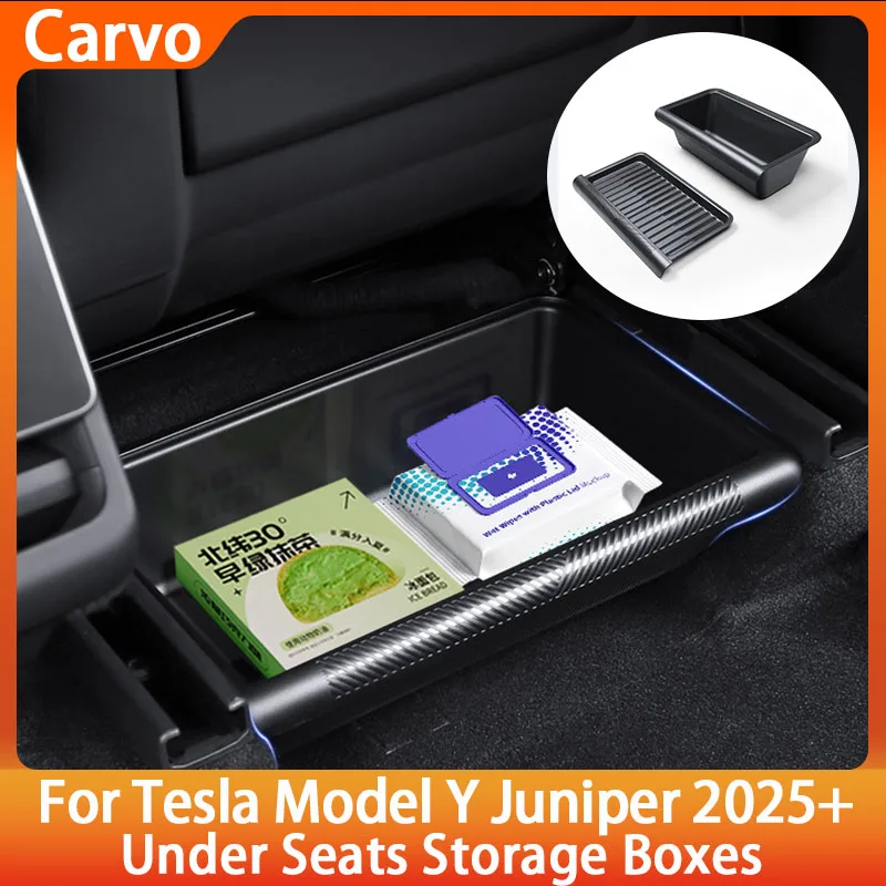 

For Tesla Model Y Juniper 2025+ TPE Under-Seat Storage Box Front & Rear Drawer Compartment with Cover Plate for Hidden Organizer