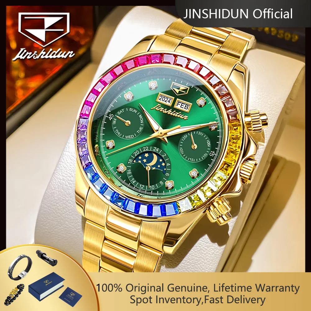 

JSDUN 8974 New Moon Phase Automatic Watch for Men Gold Steel Strap Rainbow Diamond Lap Luxury Original Brand Mehcanical Watches