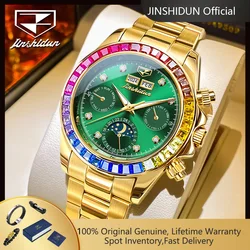 JSDUN 8974 New Moon Phase Automatic Watch for Men Gold Steel Strap Rainbow Diamond Lap Luxury Original Brand Mehcanical Watches