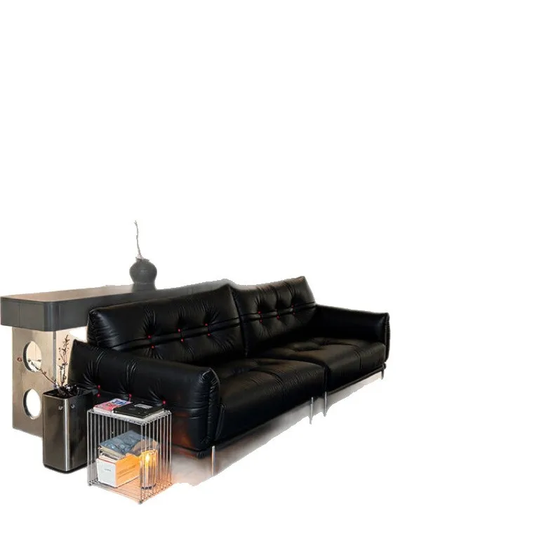Classic Bauhaus retro misty rain blue anti-cat claw leather three-person sofa niche treasure
