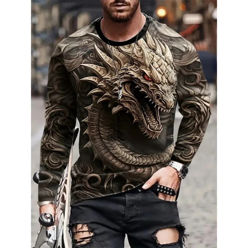 3D Printed Dragon Eagle T-Shirt For Men Cool Animal Pattern Tees Autumn Casual Long Sleeves Street O-Neck Tops Loose T Shirts