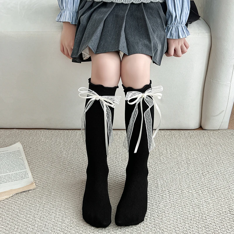 

Универсальные повседневные носки средней длины: новые белые носки с бантом и нежной кружевной отделкой, милые простые носки до щиколотки для детей