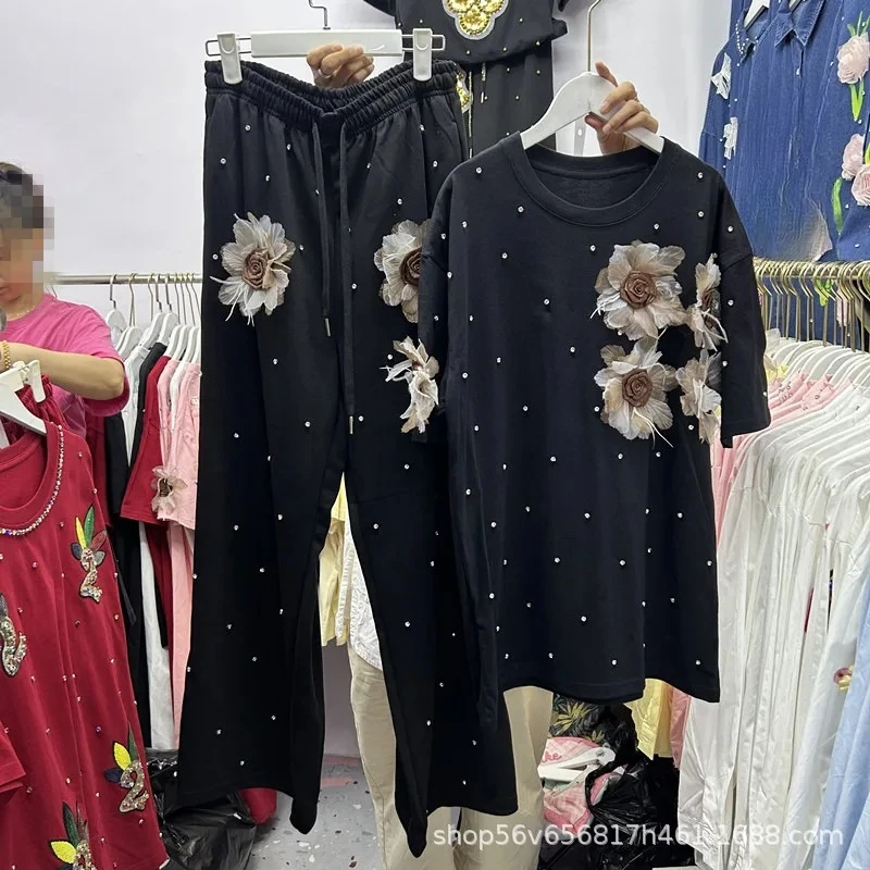 ラインストーン3Dフラワー半袖Tシャツトップスーツ、伸縮性ウエストワイドレッグロングパンツ、Tシャツツーピースセット、レディース可愛い服