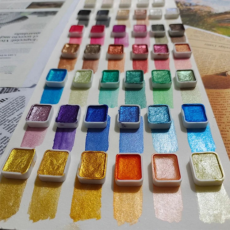 Perlmuttfarbene, solide Aquarellfarbe, Metall-Aquarellmalerei mit glänzenden Perlen, solide Aquarellmalerei und Künstlerbedarf – Detail 13