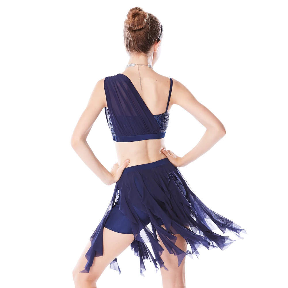 MiDee One Shoulder Sequins Top Soft Mesh Spiral Skirt Cheerful Lyrical Contemporary Dance Costume 2 Pieces