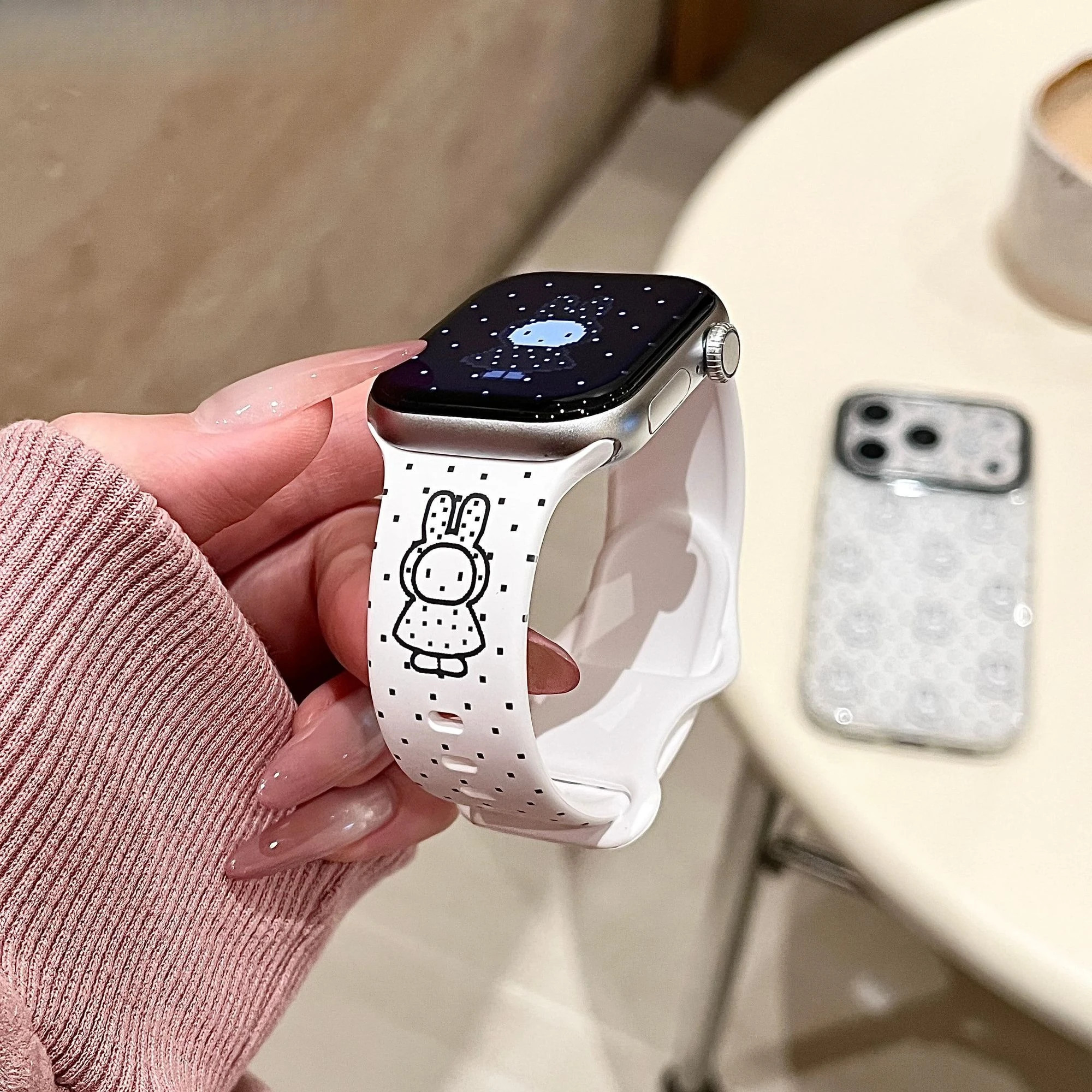 Kawaii Pixel Art Miffy White Silicone Wristband Fashion Watch Strap Fit IWatch S11 S10 S9 Skin-friendly Daily Watch Accessory