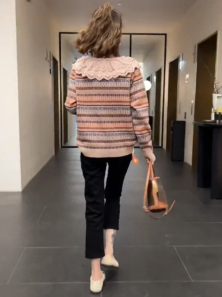 หวานถักเสื้อกันหนาว Ropa MujerWomen เสื้อผ้า Patchwork เสื้อสเวตเตอร์ถักหญิงลูกไม้ Peter Pan ปลอกคอสุภาพสตรีเสื้อแฟชั่น ted r