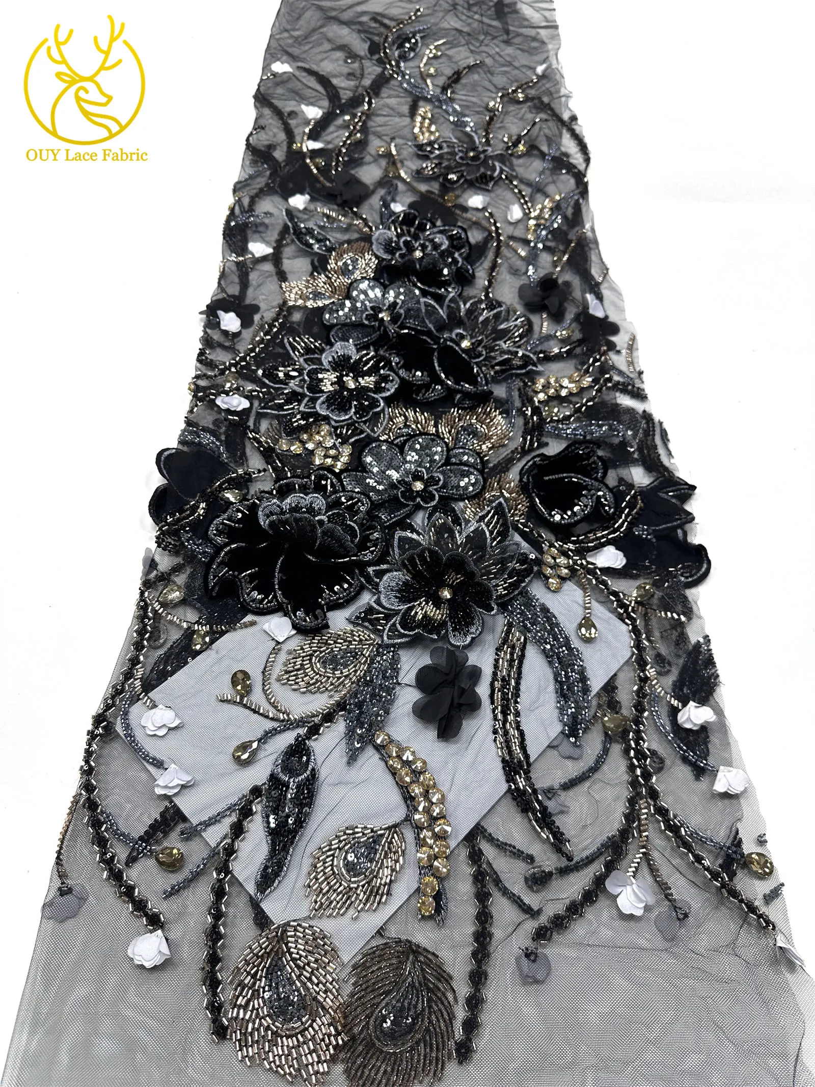 Handgefertigter Luxus Maßgeschneiderter 3D-Stickerei-Blumen-Edelstein-Spitzenstoff Afrikanischer Perlen-Pailletten-Spitzenstoff für Brautkleider – Detail 17
