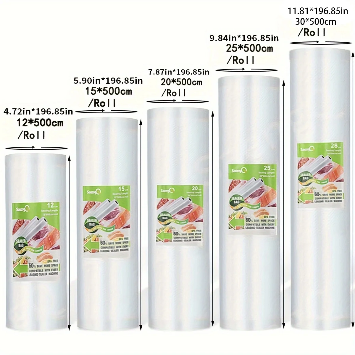 Bolsas selladoras al vacío para alimentos, rollos de bolsas frescas para alimentos, grado comercial, resistentes, sin BPA, ideales para almacenamiento al vacío