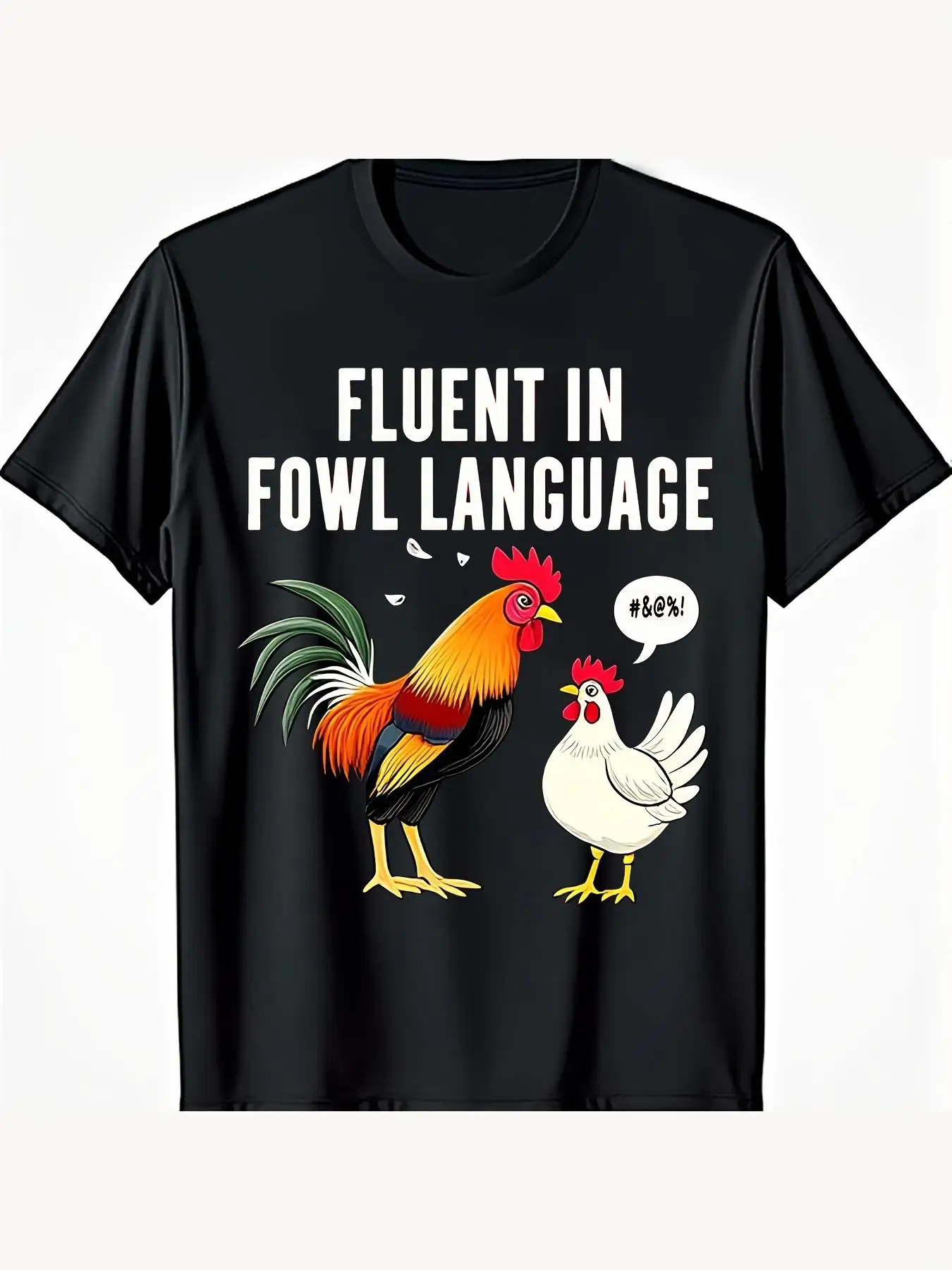 Men's Funny Chicken T-Shirt - Fluent in Fowl Language Slogan with Rooster and Hen Cartoon Design, GSM Heavyweight Casual Tee, Black Humorous Poultry Shirt for S, Farm-Themed Parties and Casual Attire