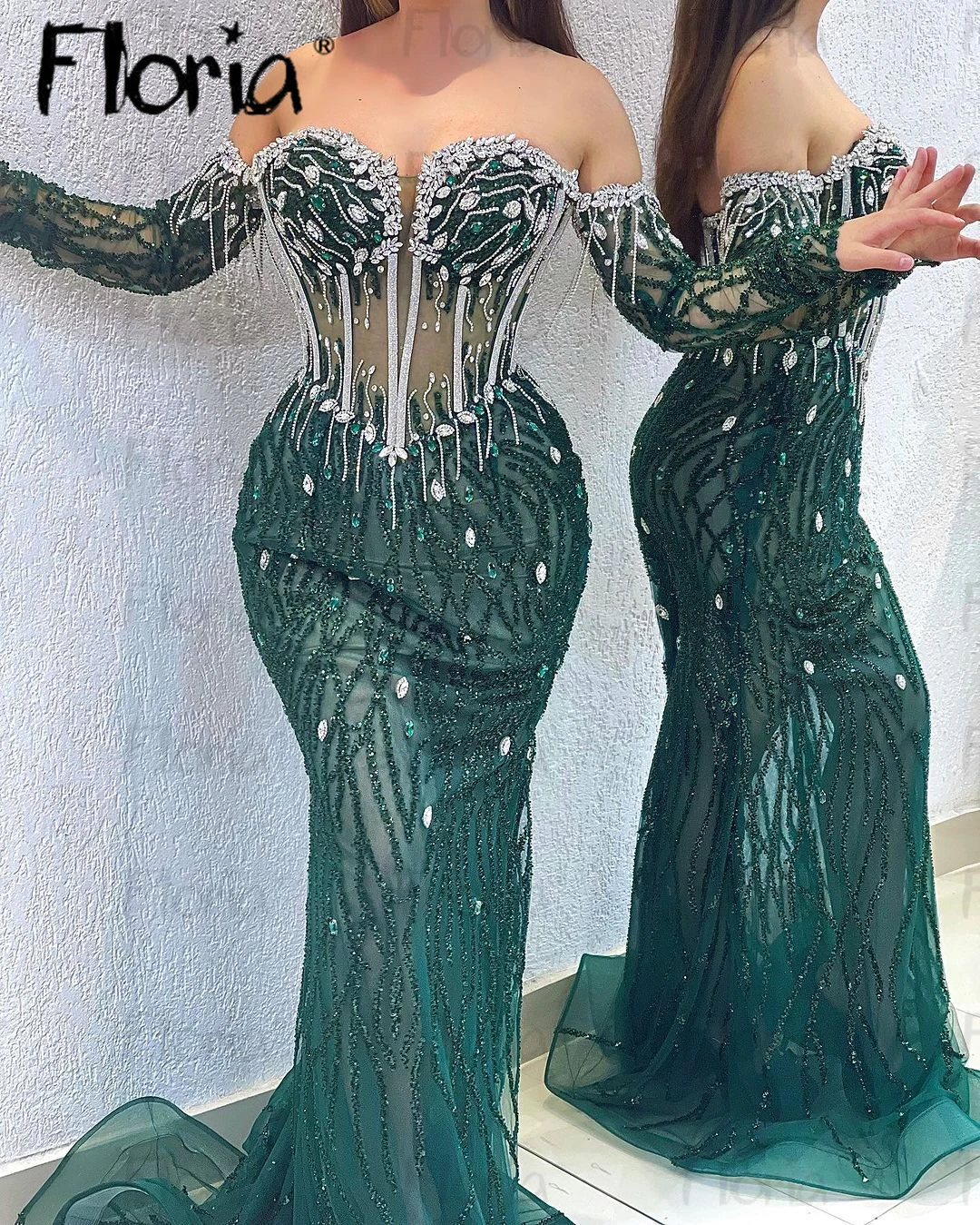 Emerald Green Beaded Stones Party Dress Formal Long Women Evening Dresses Arabic Mermaid Off Shoulder Prom Gowns CustomMade 2023