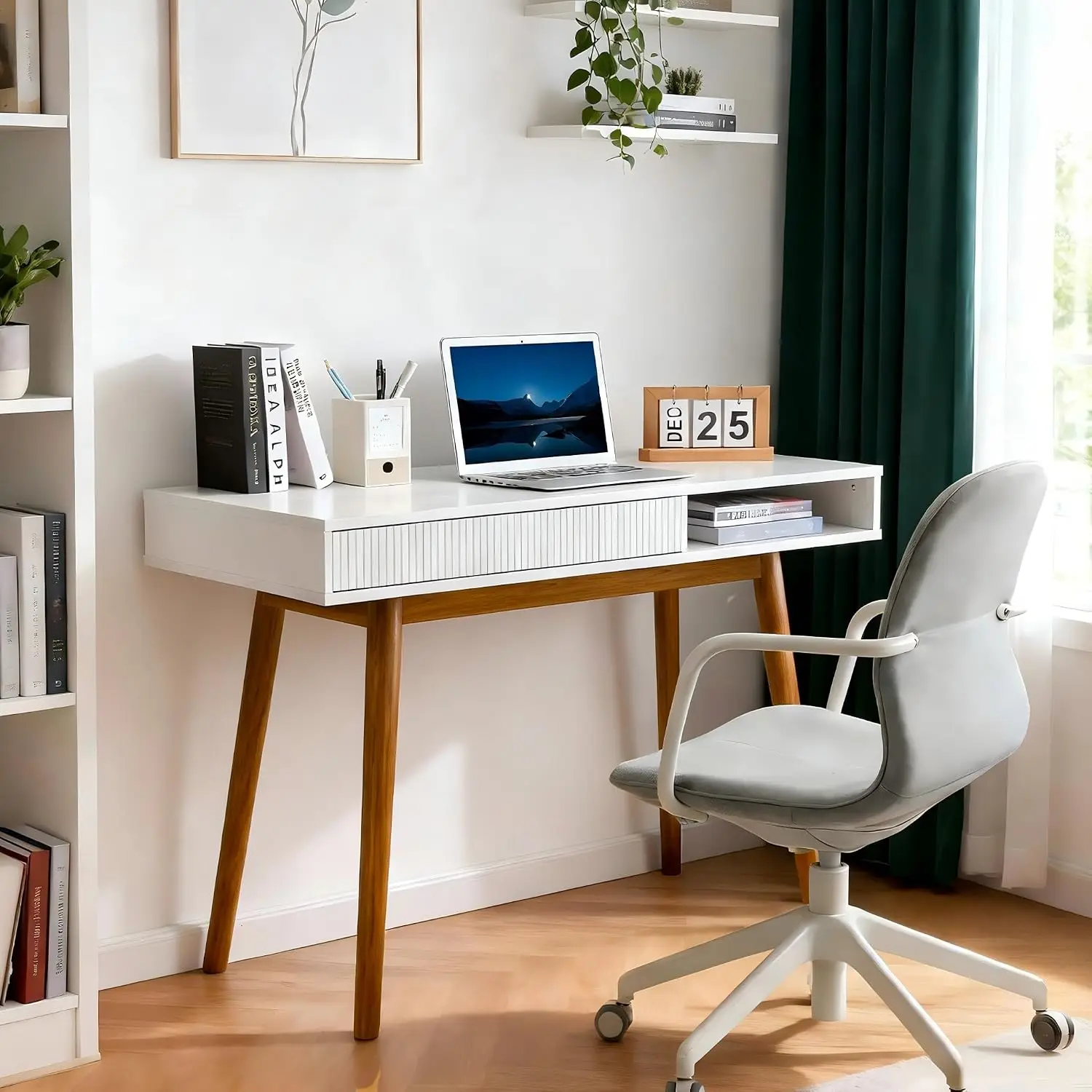 White 42 Inch Mid-Century Modern Writing Desk with Storage, Solid Wood Legs, Hidden Drawer & Open Cubby, Built-In Cable Management for Neat Home Office Workspace