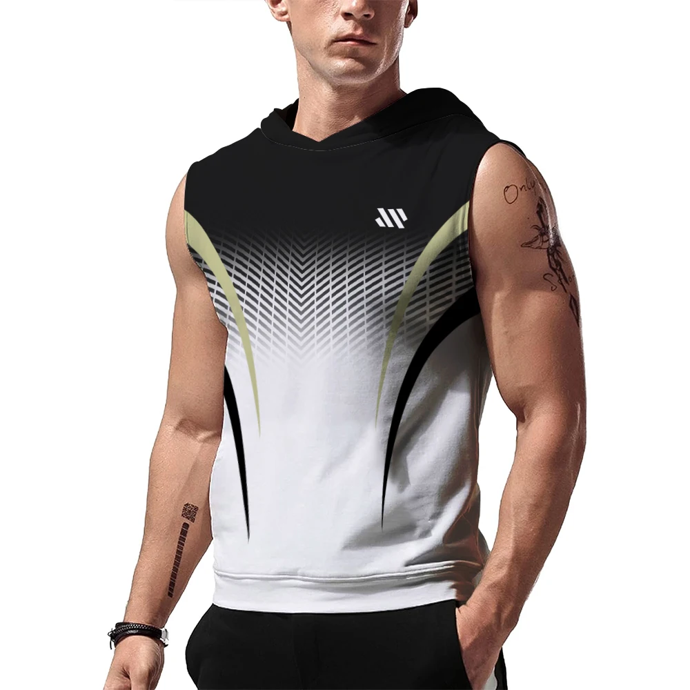 

New Printed Fitness Hooded Sleeveless Vest T-shirt Slim Breathable Sports Fitness Personality Trend Color Matching T-shirt Vest