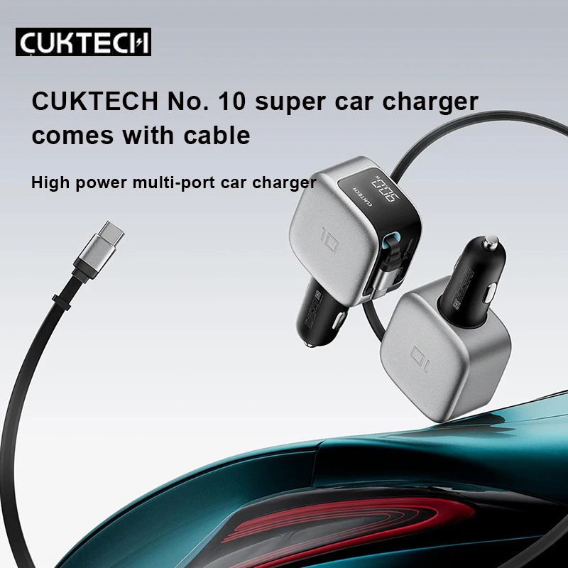 cuktech-10-gan-super-chargeur-de-voiture-avec-ecran-d'affichage-chargeur-de-voiture-usb-type-c-cable-retractable-chargeur-rapide-100w-max-multi-ports-cadeau