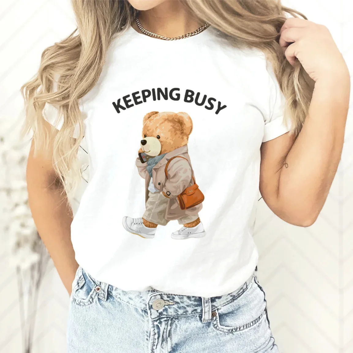 Cool Teddy Bear Print T-shirt Crew-neck Casual Top Summer Women's Wear Graphic T Shirts  Oversized T Shirt  Tops