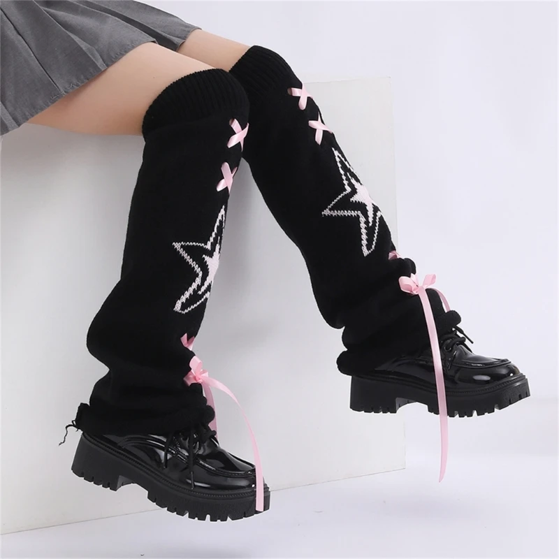 Aesthetic Star Pattern Knitted Leg Warmers for Punk Girls Women's Japanese Sweet Ribbon Lace Up Flared Foot Covers Socks