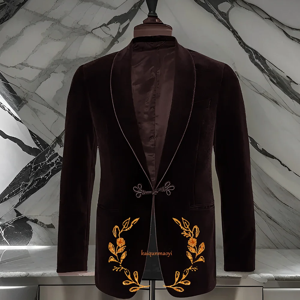 Velvet Jacket Shawl Lapel Vintage Wedding Groom Blazer for Dinner Party Prom Male Suit 2 Piece Pants