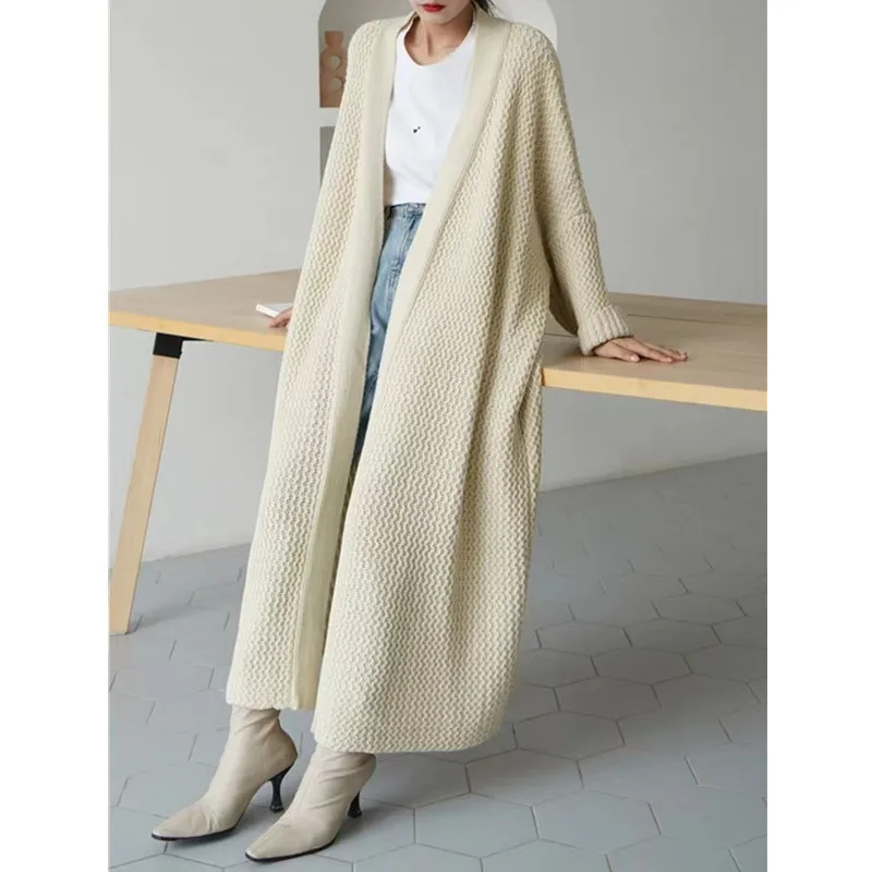 New Loose Long Knitted Cardigan Idle Style over the Knee Thread Oversized Sweater Coat Women's Thick