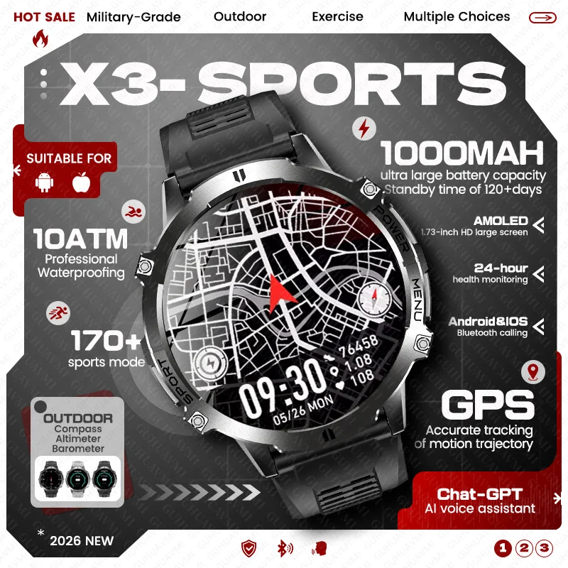 

New Military Men Outdoor Built-in GPS Sports Smart Watch Compass 1000mAh Big Battery Bluetooth Call 10ATM Waterproof Smartwatch