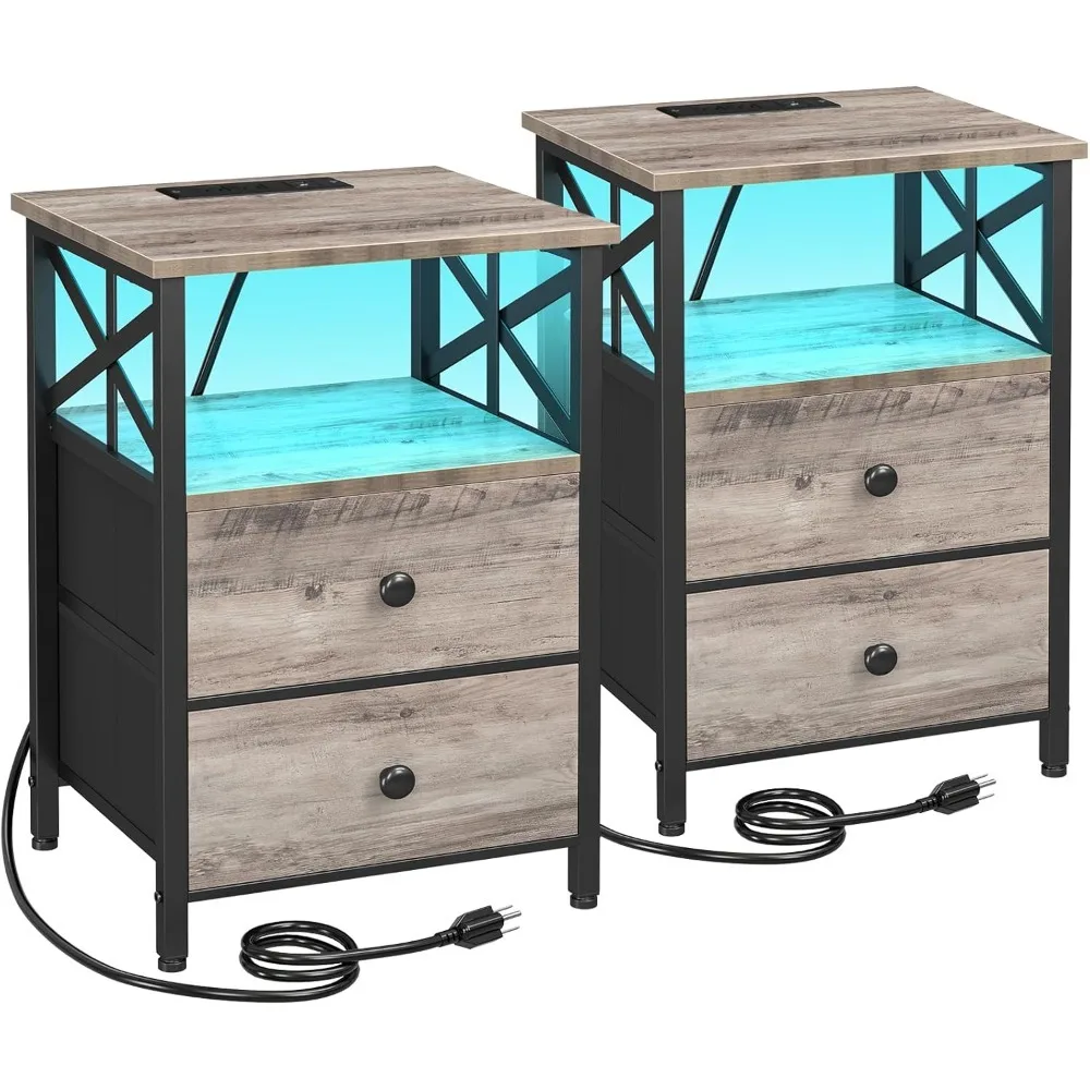 

LED Nightstand with USB Charging Station and Fabric Drawers Modern End Table for Bedroom Living Room Greige Storage Side