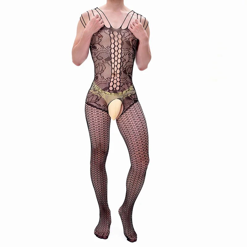 Men\'s Sexy Mesh Body Bodysuit Open Crotch Hot Men Women Porn Lingerie Ultra-Thin Transparent Erotic Adult  Clothing Garter Suit