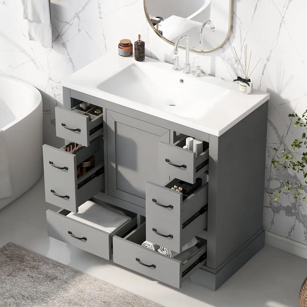 athroom Vanity with Sink, Free Standing Single Basin Vanity Set with 6 Drawers & One Cabinet with Adjustable Shelf