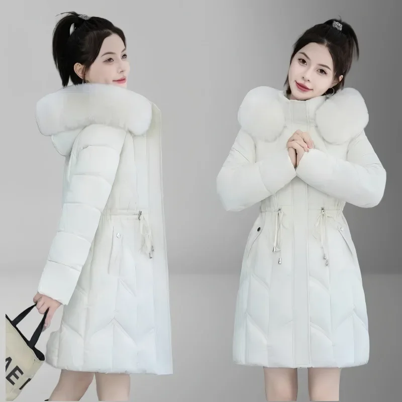 Long Down Jacket with Fur Collar for Women, Cinched Cotton Jacket, Fashionable Warm Coat, Korean Version, Winter, New Style