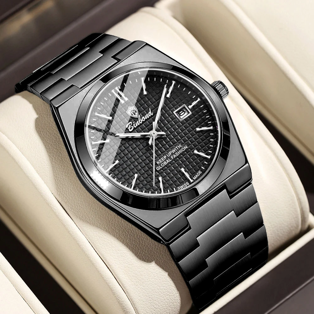 

BINBOND Trend Men's Watches Simple Original Quartz Watch for Man Fashion Grid Dial Waterproof Stainless Seel Luminous Date Reloj