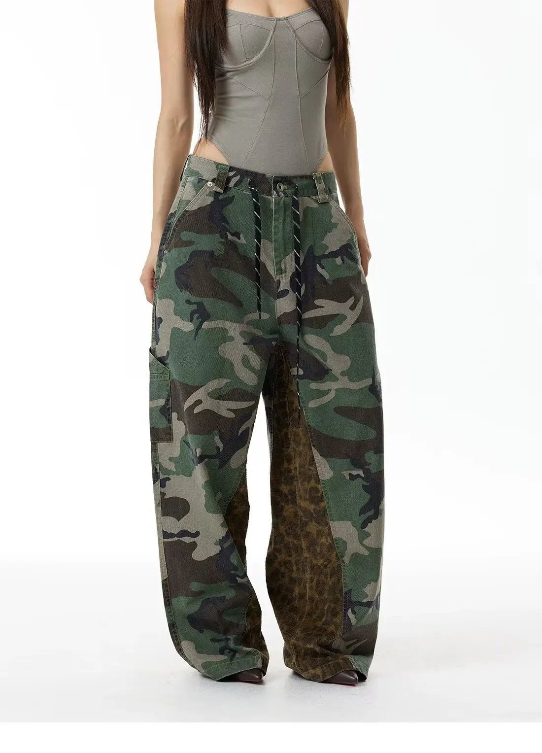 American Style Retro Leopard Print Camouflage Splicing Pants Women's Wide Leg Workwear Trousers Casual Loose Fit Street Style