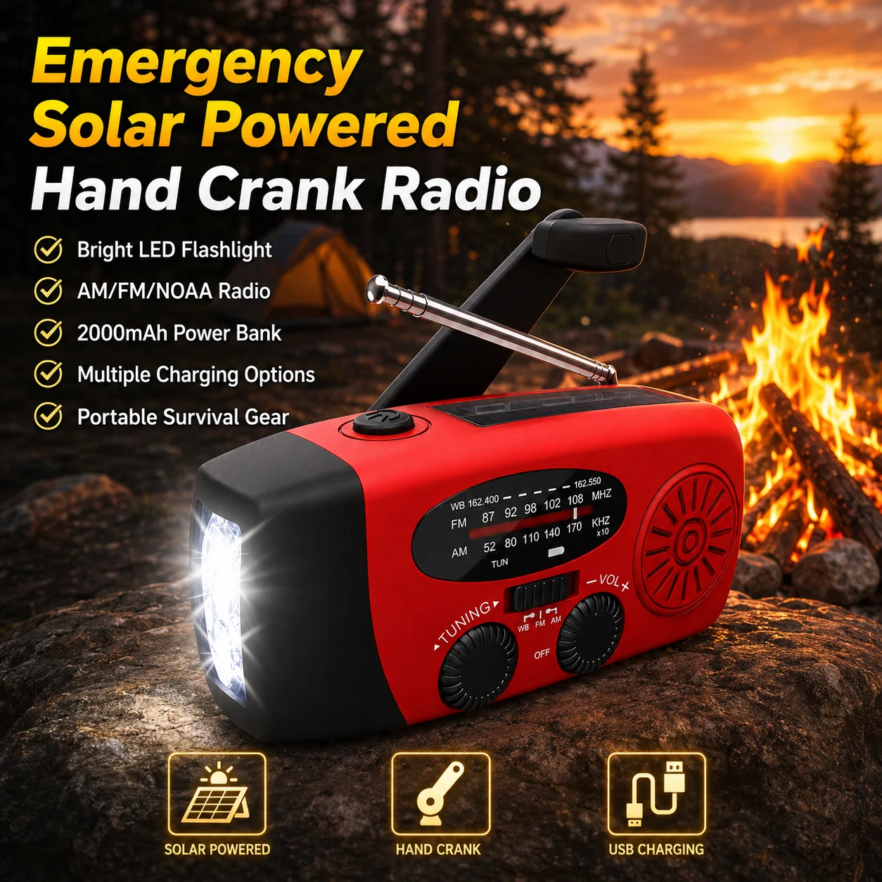 비상용 수동 크랭크 라디오 – 태양광 기상 라디오 2000mAh 보조 배터리, AM/FM/NOAA, LED 손전등, 휴대용 생존 라디오