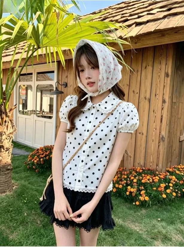 Women's Clothes Streetwear Peter Pan Collar Tees Polka Dot Vintage Slim Shirt Y2k Japanese T-Shirt Fairy Summer Sweet Blouse
