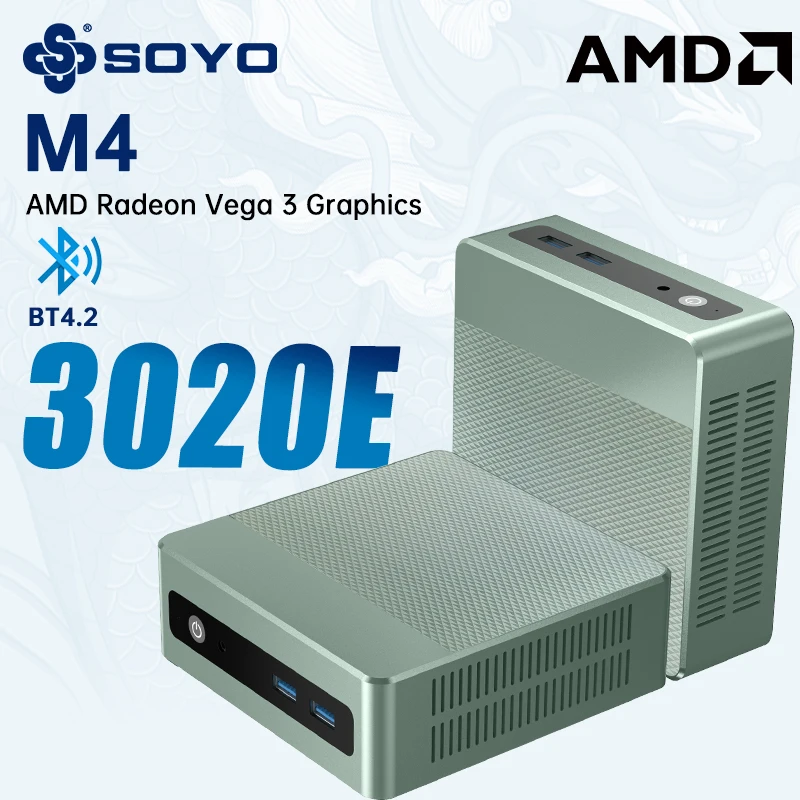 SOYO M4 AMD 3020E Mini PC Kartu Grafis Radeon Vega 3 Mendukung Windows 11 DDR4 RAM 8GB SSD M.2 NVMe 256GB ROM HD+DP Komputer Mini Portabel