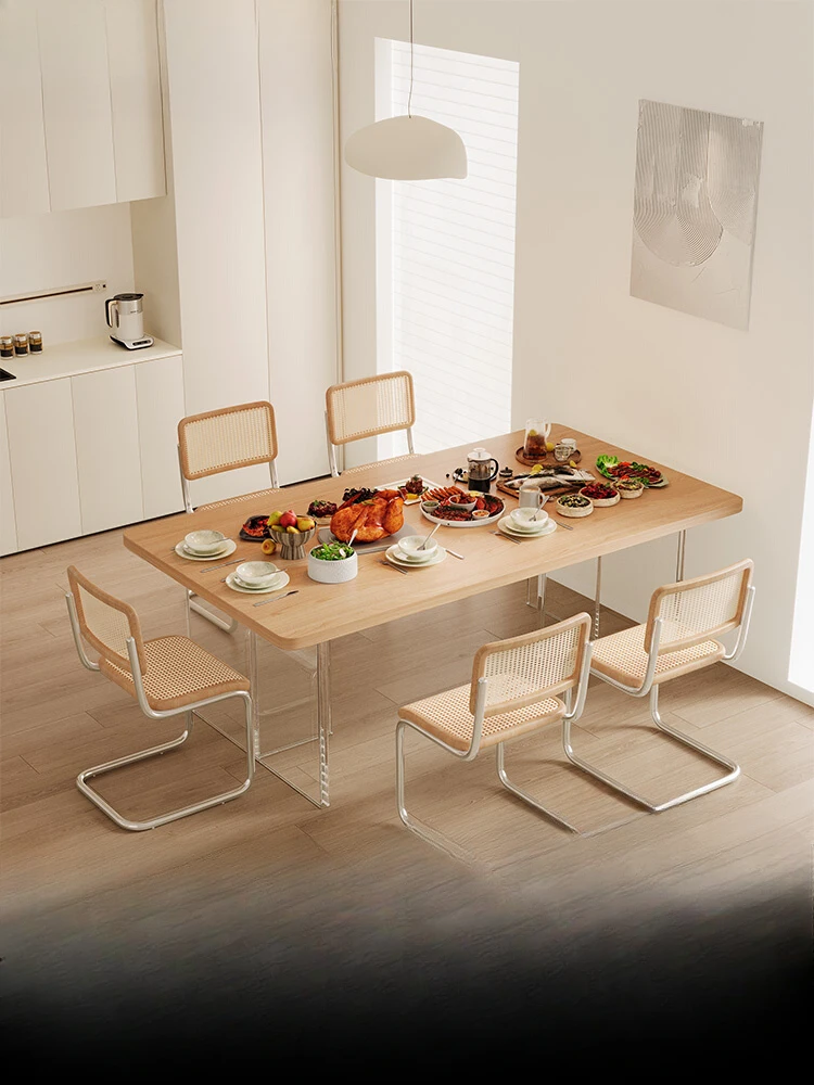 

Solid wood dining table and chair combination small apartment log style Japanese cream simple suspended acrylic household