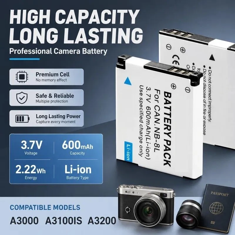 NB-8L Battery for Canon A3000 A3100IS A3200 A3300 A2200 Camera Rechargeable Lithium Ion Replacement Power Pack