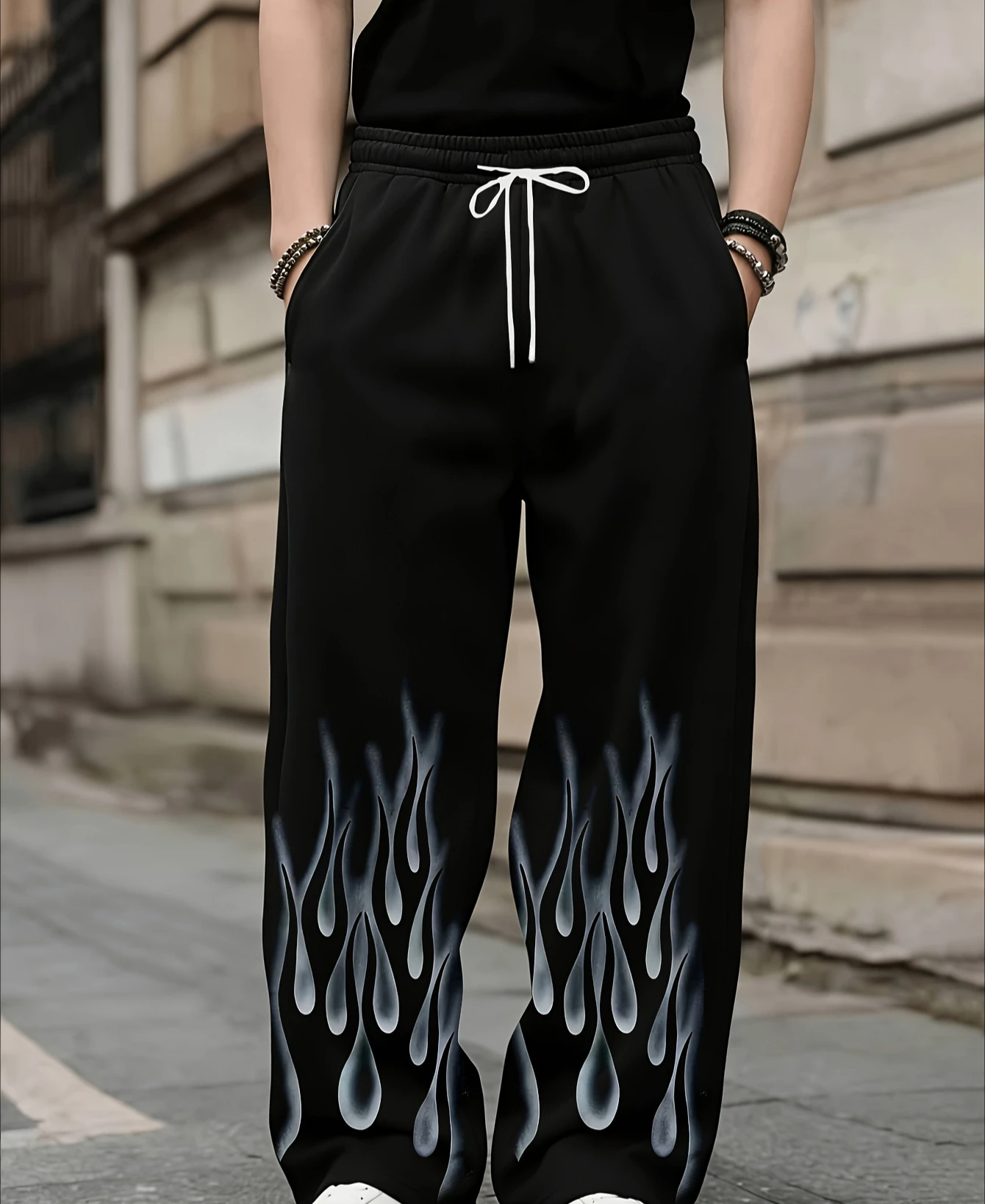 Aesthetically pleasing oversized wide-leg men's fashionable and comfortable trousers with flame design, same style for men.