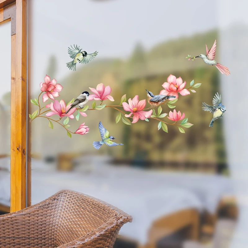 Birds on Pink Flower Blossom Branches Window Clings, Removable Wall Stickers Flowers Art Decals Decoration for Glass Window Door