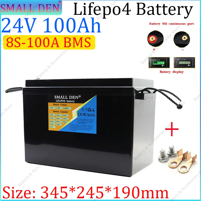 Paquete de batería Lifepo4 de 24V, 100Ah, 8S, 2500W, BMS incorporado de alta potencia con luz LED, 29,2 V, carrito de golf RV con energía solar, silla de ruedas