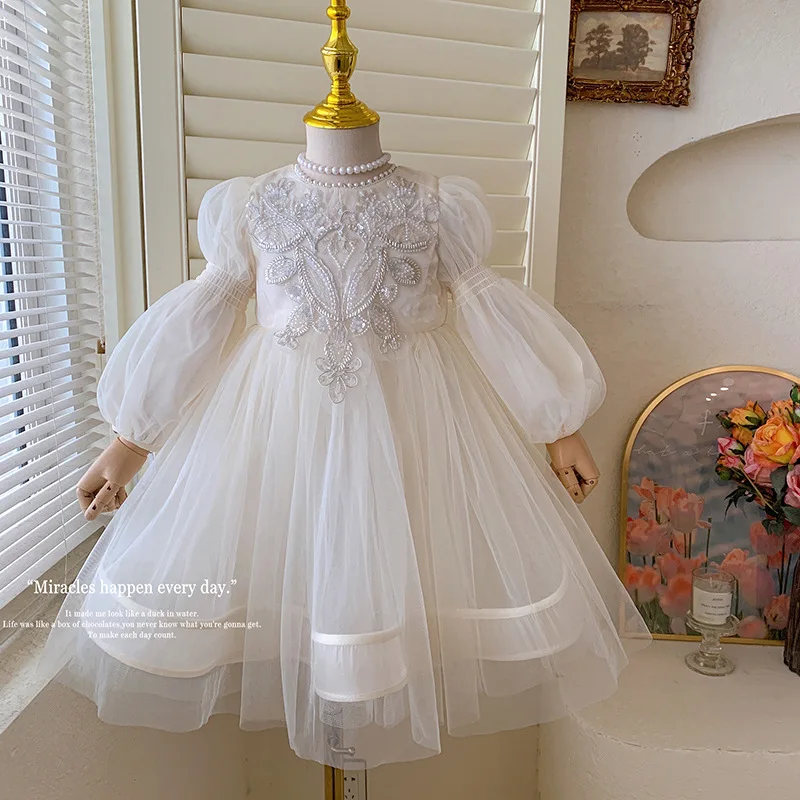 

A2025Girls' New High-End Flower Girl Birthday Dress Elegant Court Style Pearl Dress