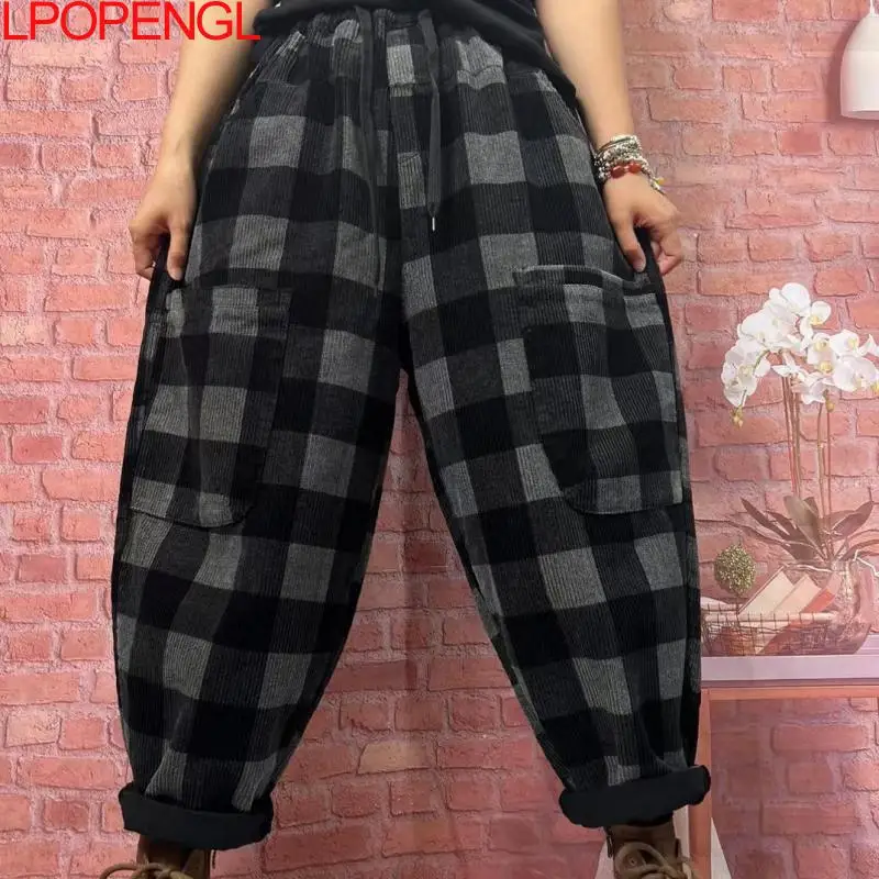 Autumn New Corduroy Patchwork Lattice Oversized Straight Harem Pants Woman Drawstring Streetwear Pocket Ankle-length Trousers