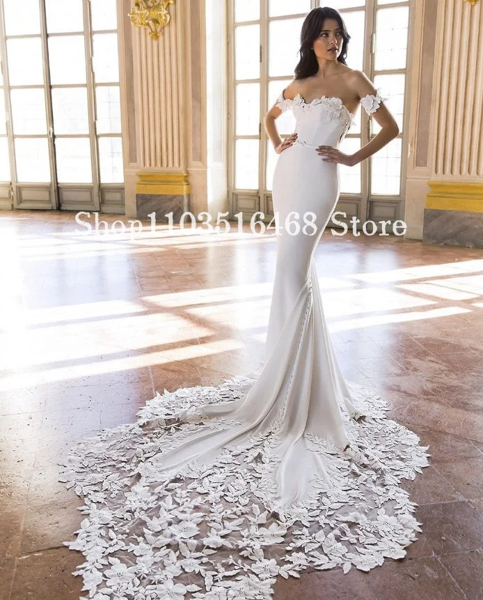 One Shoulder Mermaid Wedding Dress 2024 White Luxury Floral Applique Satin Bridal Gown Vestidos De Fiesta Elegantes 2024