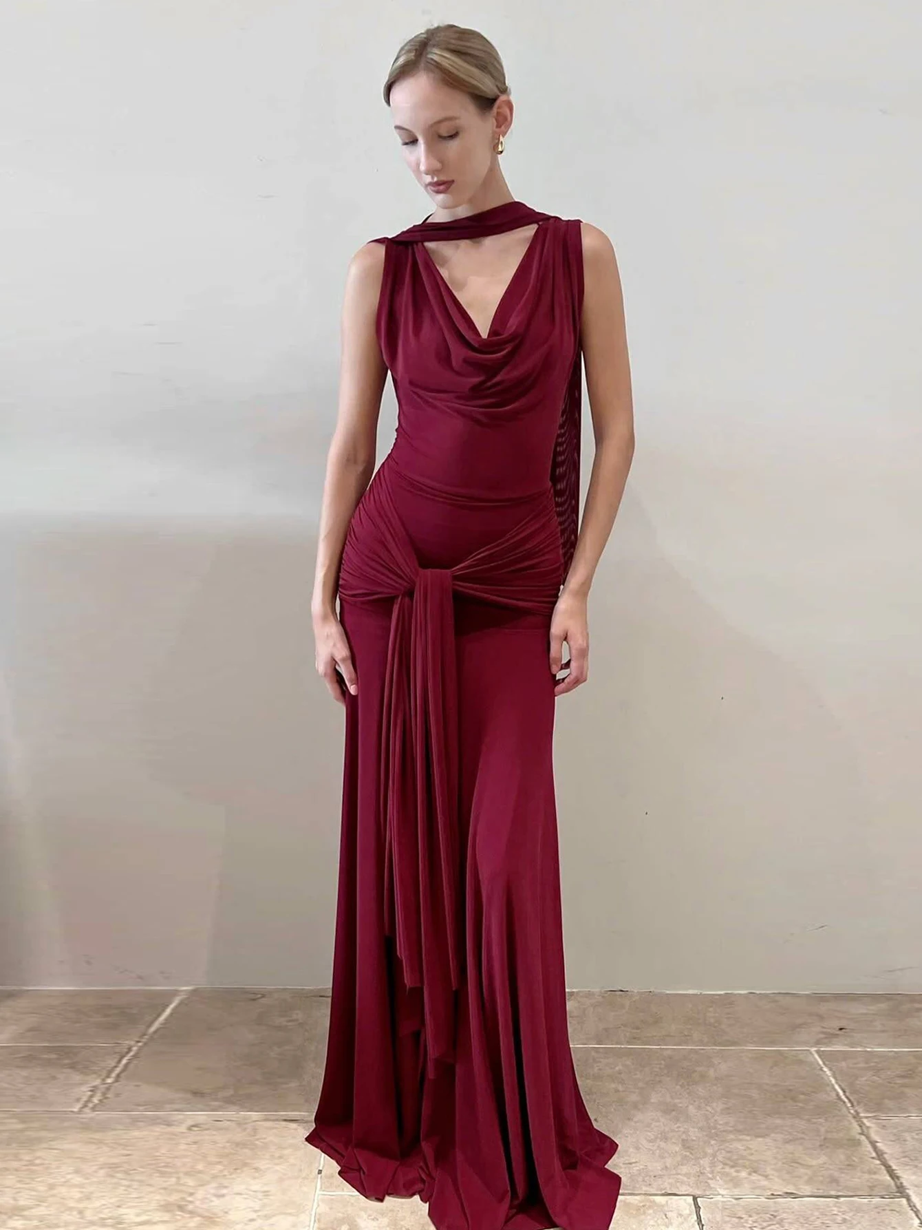 Hugcitar Halter Swing Collar Solid Slip Backless Ruched Bandage Pacthwork Mesh Maxi Dress Women Elegant Outfit Birthday Party