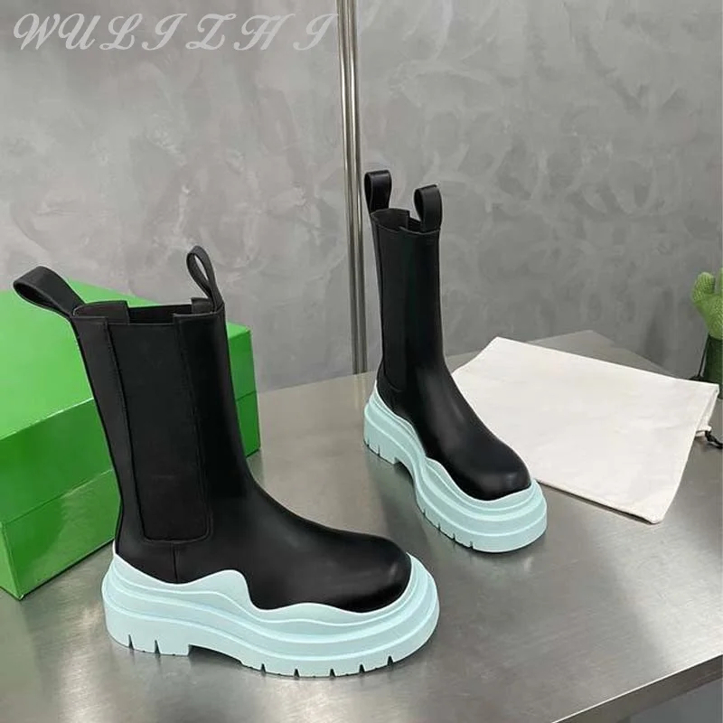 Spring New Thick Soled Women Boots Women Black Platform Mid Calf Genuine Leather Round Toe Mixed Colors Slip On Chelsea Botas