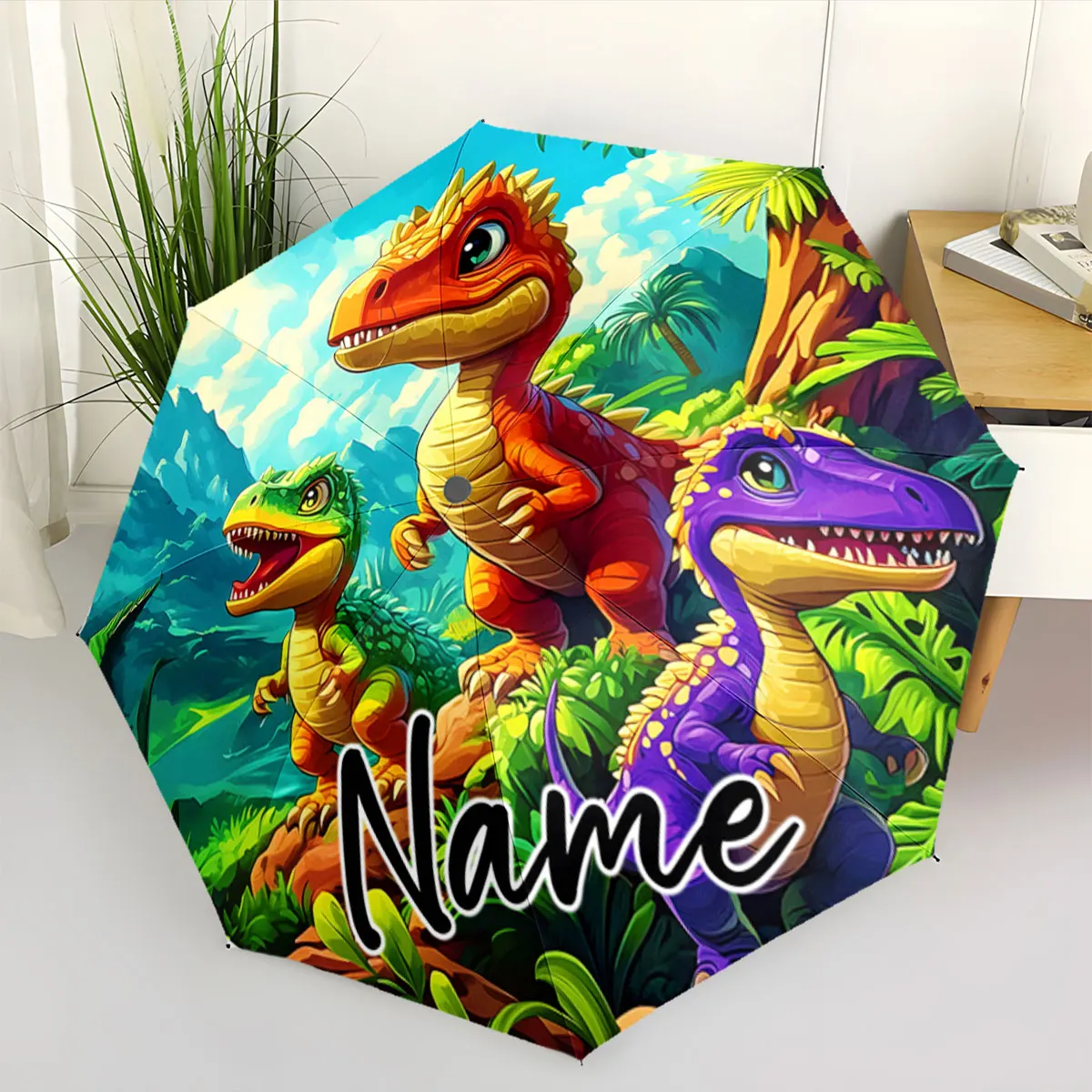 Custom Name Umbrella Colorful Dinosaur Adventure on Umbrella Print 8 Iron Ribs Folding Umbrella Auto-Open Fashion Sunshade